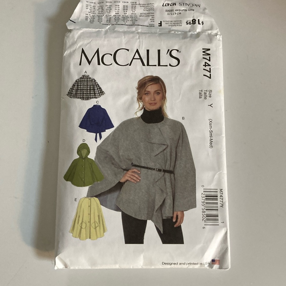 McCall's M7477 Cape Pattern XS S M uncut